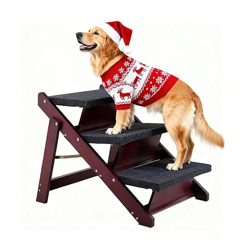 MEWANG Wooden Pet Stairs/Pet Steps - 3-in-1 Foldable Stairs & Ramp for Beds and Cars - Portable Dog/Cat Ladder Up to 220 Pounds - Great for Small and Older Animals(Brown) (24.8" L x 17.2" W x 19.5" H) - Image 1