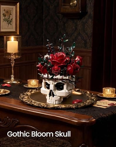 Gothic Skull Rose Flower Bouquet Building Set – Horror Skeleton Botanical Brick Kit for Adults, Gothic Decor with Red Roses, Dark Aesthetic Skull Planter Display, Unique Gift for Women & Goth Lovers thumbnail 2