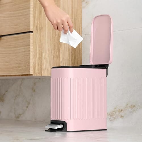 TrashAid Pink Bathroom Trash Can, 1.6 Gallon Stainless Steel Small Garbage Can with Lid, Step Pedal, Cute Wastebasket for Bathroom, Office, Bedroom, RV, Pink thumbnail 7
