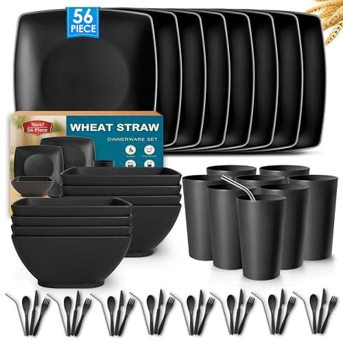 Teivio 56-piece With Flatware Kitchen Plastic Wheat Straw Square Dinnerware Set for 8, Unbreakable Dinner Plates, Snack Bowls, Tumblers 13.5 oz, Dishwasher Safe, Black - Image 1