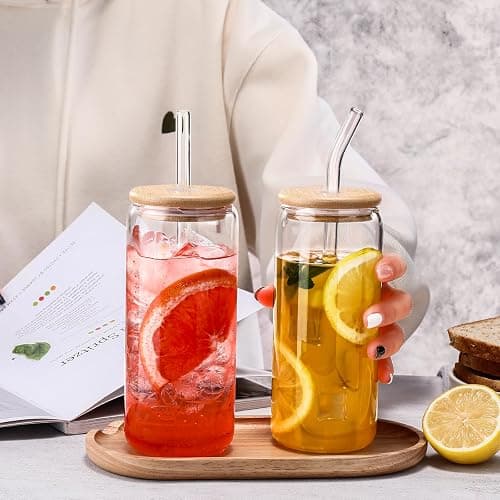 Glass Cups “20oz”,Glass Cups with Lids and Straws 4 pcs-DWTS Coffee Cups,Drinking Glasses Set,Glass Tumbler with Straw and Lid Gift 2 Cleaning Brushes - 1 - 20oz Clear thumbnail 4