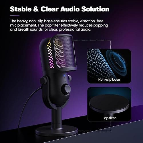 USB Microphone for PC Gaming: Condenser Microphone RGB for Gamer with Stand Mic - Recording Mic for Computer&Laptop with Qiuck Mute - Desk Podcast Mic for Podcast & Singing & Streaming & Youtube Black thumbnail 6