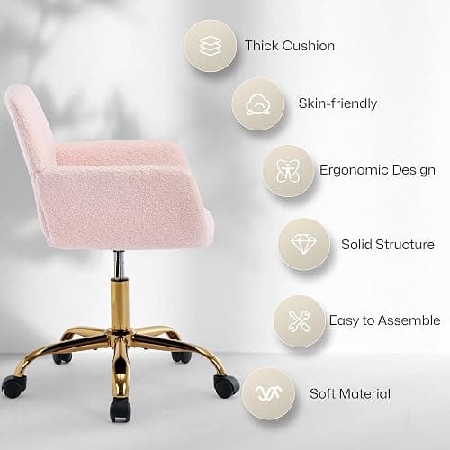 Homedraft Faux Fur 360°Swivel Desk Chair, Height Adjustable Home Office Armchair with Gold Base for Teens Women Girls, Upholstery Computer Chair for Home Studios, Sherpa & Light Pink thumbnail 8
