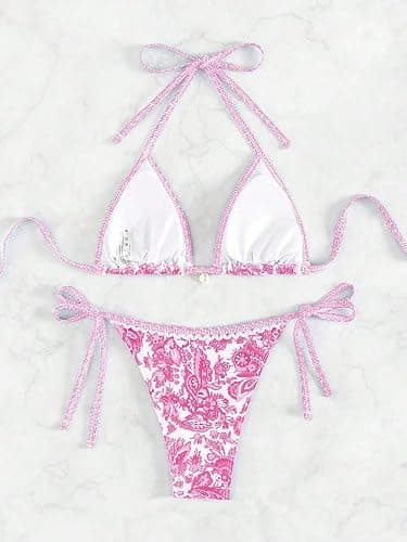 QJQ Women's 2 Piece Bikini Sets Floral Boho Halter Triangle Bathing Suit Tie Side Sexy Cheeky String Swimsuit thumbnail 2