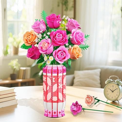 CUBIMANA Romantic Pink Roses Bouquet Building Set with Vase & LED Light, Easter Gifts for for Her/Women/Adults, 3.6MM Mini Flowers Building Toys, Artificial Flowers for Home Office Decor & Display thumbnail 2