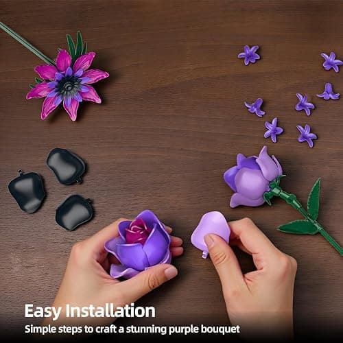 Purple Rose Bouquet Building Set - Compatible with Lego Flowers for Adults Women - Gothic Home Office Table Centerpiece Decor, Halloween Christmas Valentine's Gift thumbnail 5