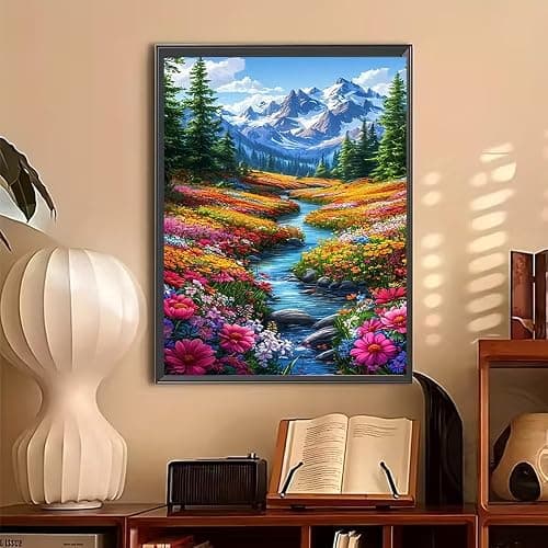 BOHADIY 5D Diamond Art Painting Kits for Beginners, Snowy Mountain Art Kits for Beginner,DIY River Flower Full Round Gem Crystal Art Paint by Diamond Home Wall Decor12X16inch thumbnail 2