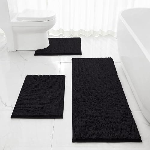HOMEIDEAS 3 Pieces Bathroom Rugs, Extra Large Ultra Soft Non Slip Absorbent Chenille Toilet Bath Mat Set (Black) - Image 1