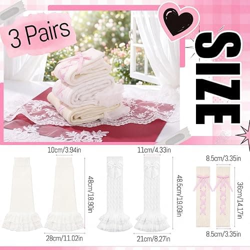 KKuSoxyy 3PCS Y2K Lace Leg Warmers, Kawaii Lolita Knit Leg Sleeves | Cute Lace Bow Ruffle Design, Soft Slouchy Stretchy Knit Fabric, One Size, for Lolita, Ballet, Cosplay Party and Daily Wear thumbnail 3