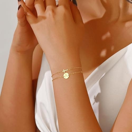 FERLYHR Cross Bracelet for Women Initial Bracelets for Women Dainty Layered Beaded Disc Monogram Gold Faith Cross Bracelet Christian Religious Jewelry Gift thumbnail 3