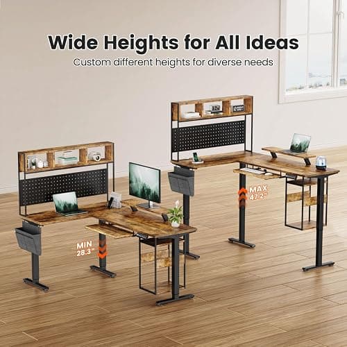 Flycity Electric L Shaped Standing Desk Adjustable Height, 67" x 47" Corner Computer Desk with Host Shelf, Gaming Desk with LED Lights & Power Outlet, Dual Motor Home Office Desk with Storage, Brown thumbnail 4