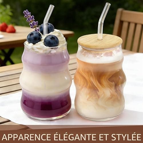 xuefenfei 530ml Verres à Bulles Avec Paille, Lot de 2 Verre Matcha, Tasses en Verre Nervuré Café avec Brosse, pour Latte Macchiato, Café Glacé, Thé, Glace, Lait, Jus, Soda thumbnail 2