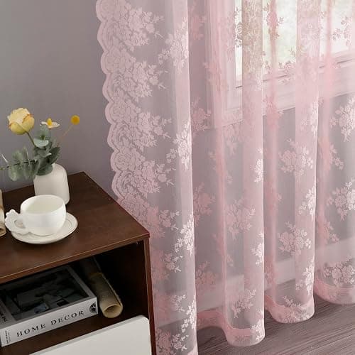 Kotile Pink Lace Curtains 63 Inch Length - Rustic Floral Patterned Pink Nursery Sheer Curtains, Rod Pocket Privacy Scalloped Lace Curtain for Girls Bedroom, 52 x 63 Inch, 2 Panels Set thumbnail 5