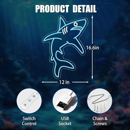 ACOPAEY Shark Neon Sign, Dimmable Ocean LED Neon Lights for Wall Decor, Animal Room Decor for Bedroom, Boys Room, Gaming Room, Man Cave, Gifts for Shark Lovers Gamers, USB Powered, 12.0 x 16.6 Inches thumbnail 3