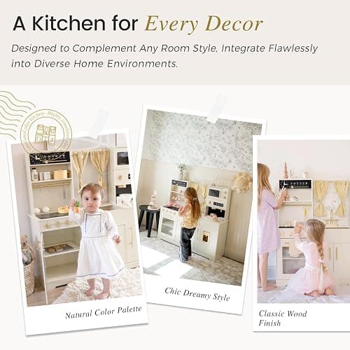 Tiny Land Play Kitchen for Kids, Toy Kitchen Set with Plenty of Play Features, New Modern Kids Wooden Play Kitchen Designed in Trendy Home Style with Curtains, Gift for Ages 3+ thumbnail 5