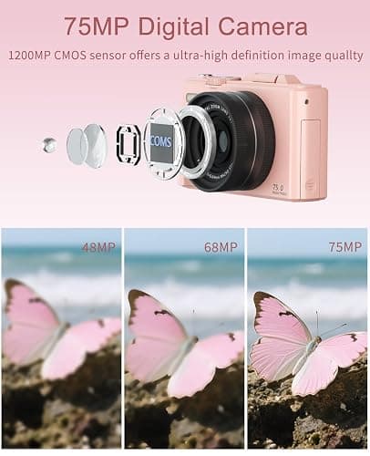 FLATIC Digital Camera, 5K 75MP Cameras for Photography with WiFi & 64GB TF Card, Autofoucs Vlogging Camera for YouTube with 180° Flip Screen, Compact Vlog Travel Camera Kit for Beginner, Teens (Pink) thumbnail 3