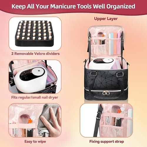 SIYNPAV Nail Polish Organizer Bag Holds 126 Bottles (15ml/0.5fl.oz)& Nail Lamp, 3 Layers Detachable Nail Kit Storage Case PU Leather, Large Travel Nail Supplies Shoulder Bag for Manicure Tools (Black) thumbnail 3