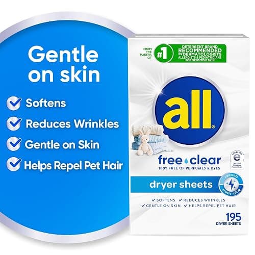 all Fabric Softener Dryer Sheets for Sensitive Skin, Free Clear, 195 Count thumbnail 5