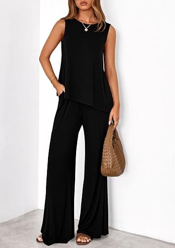 PRETTYGARDEN Women's 2026 Two Piece Matching Lounge Sets Asymmetrical Split Tank Tops Wide Leg Pants Summer Outfits Tracksuit thumbnail 2
