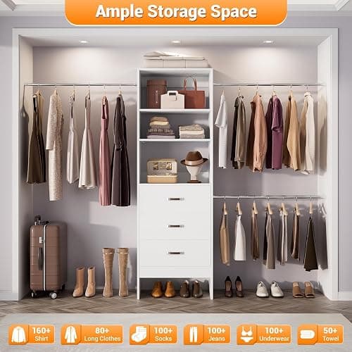 Homieasy 96 Inches Closet Organizer System, 8FT Customizable Walk In Closet Organizer with Hanging Rods, 3 Drawers Garment Rack with Leather Handle , 96" L x 16" W x 75" H, Max Load 1000 LBS, White thumbnail 8
