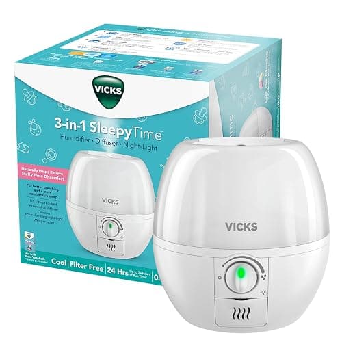 Vicks 3-in-1 SleepyTime Humidifier, No. 1 Brand Recommended by Pediatricians*. Cool Mist Humidifier with Night-Light, and Essential Oil Diffuser for Baby and Kids rooms. Visible Cool Mist, White. - Image 1