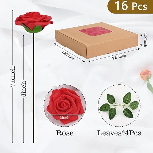 BLEUM CADE 16Pcs Artificial Flowers Fake Foam Roses with Stems for Wedding | Real Touch Red Boxed Foam Roses for DIY Bouquets Centerpieces Wedding Party Arrangement Bridal Shower Tables Decor thumbnail 3
