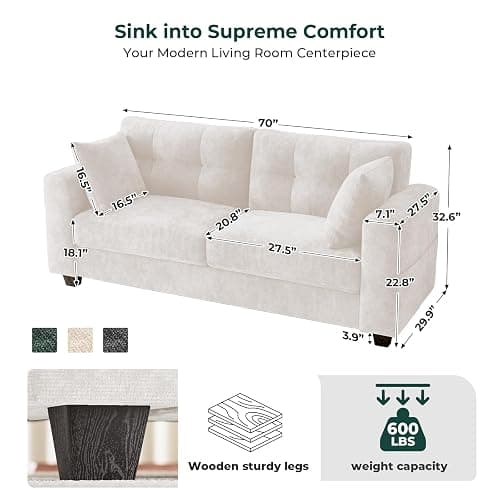 LOLLICE 70" Loveseat Sofa for Living Room, Modern Chenille Cloud Couch with USB/Type-C Charging Ports, Side Pockets, Removable Cover, Wide Armrests, Small Couch for Small Space, Easy Assembly, Beige thumbnail 2