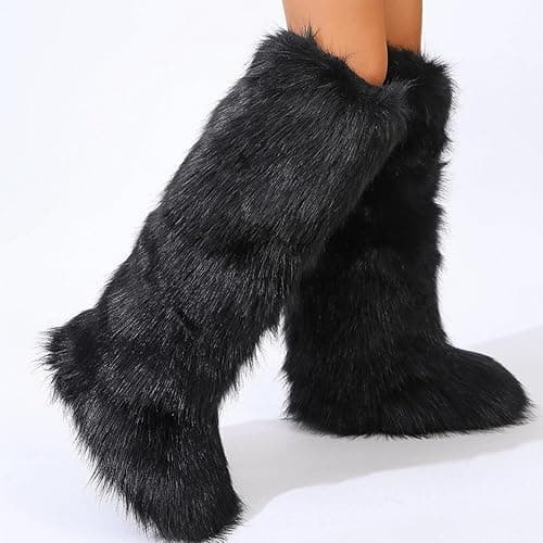 YXCFEWD Faux Fur Boots for Women Winter Knee High Furry Boots Fuzzy Fluffy for Girls Flat Snow Long Boots thumbnail 5
