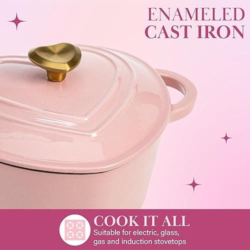Paris Hilton Enameled Cast Iron Dutch Oven Heart-Shaped Pot with Lid, Dual Handles, Works on All Stovetops, Oven Safe to 500°F, 2-Quart, Pink thumbnail 6