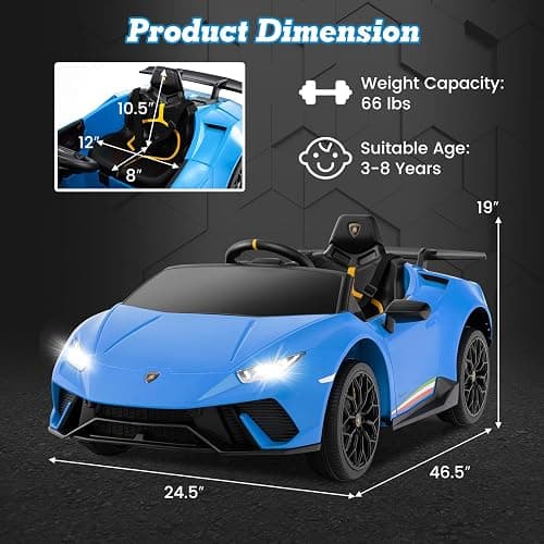 Licensed Lamborghini Huracan Ride on Car by INFANS, 12V Kids Electric Vehicle Battery Powered Toy with Remote Control, LED Lights, Spring Suspension, Bluetooth, MP3, Aged 3-8 Years (Blue) thumbnail 2