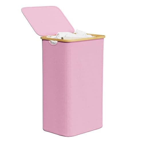 SpaceAid Laundry Hamper with Lid, 110L Large Tall Clothes Basket Bin with Bamboo Handles, Collapsible Laundry Hamper for Bedroom, Bathroom, Dorm, Laundry Room - Pink - Image 1