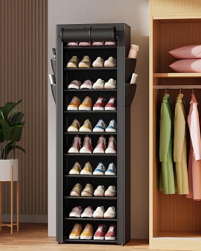 Kitsure Shoe Rack - 10-Tier Large Capacity Shoe Organizer Shelf with Dust Cover & Side Pockets, Rust-Proof Metal Shoe Rack for Closet, Entrance, Living Room, 17.5" x 12.4" x 69.3", Black thumbnail 8