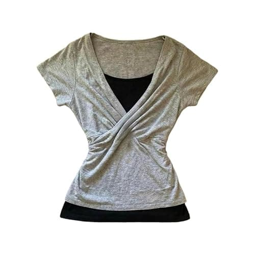 Coquette Cute Lace Trim Top Y2k Baby Tee Summer Short Sleeve V Neck Shirts 2000s Mcbling Vintage Fairy Grunge Top - Image 1