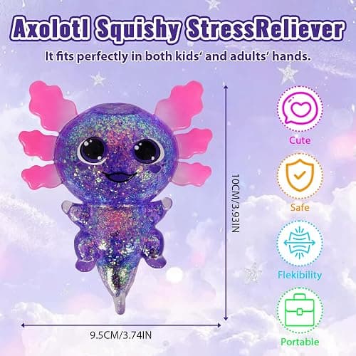 Axolotl Squishy Toy Squeeze Stress Relief Fidget Sensory Toy for Kids Adults, Cute Handheld Stress Ball for Anxiety and Focus, Purple Big Ears(3color) thumbnail 2