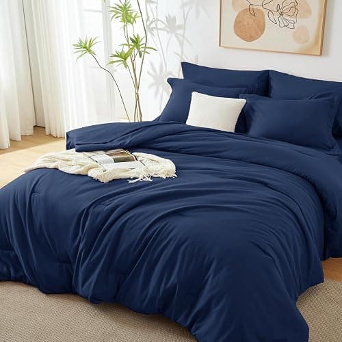 HIMEET Full Size Comforter Sets - 7 Pieces Navy Bed in a Bag, Soft Lightweight Bedding Set, All Season Bed Set with Comforter, Flat Sheet, Fitted Sheet, Pillowcases & Pillow Shams thumbnail 6