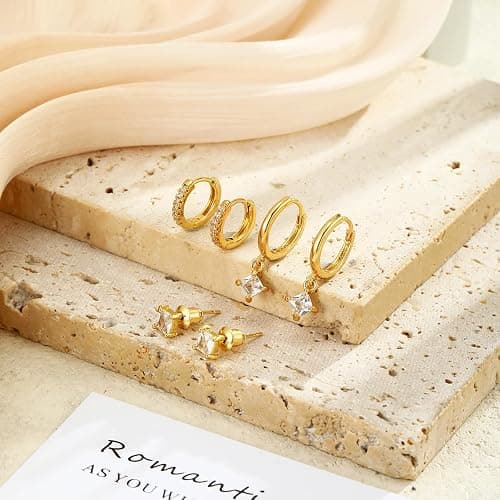 Gold Stud Hoop Earrings Stacks for Women - 3 Earring Sets for 3 Holes Multiple Piercing Dainty Gold Plated Small Earrings Set Jewelry Gifts for Women thumbnail 6
