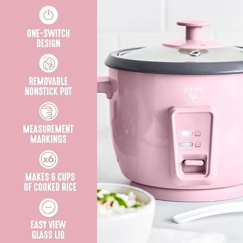 GreenLife Rice Cooker with Removable PFAS-Free Ceramic Nonstick Pot, 3-Cups Uncooked/6-Cups Cooked, Grains & Oatmeal Multicooker, Compact One-Switch Design, Auto Keep Warm, Easy Clean, Pink thumbnail 5