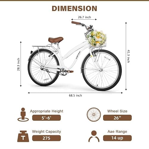 WEIZE Beach Cruiser Bike, 24 & 26 inch Commuter Bicycle for Adult Men and Women,High-Carbon Steel/Front & Rear Fenders, Comfortable City Bikes with Rear Rack or Basket, Ergonomic Upright Design thumbnail 5