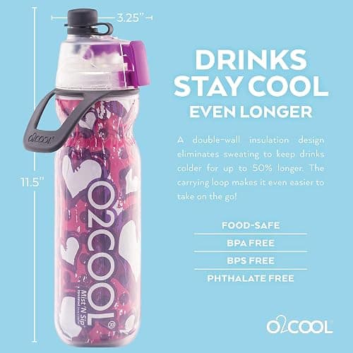 O2COOL Mist 'N Sip Misting Water Bottle 2-in-1 Mist And Sip Function With No Leak Pull Top Spout (Hearts) thumbnail 2