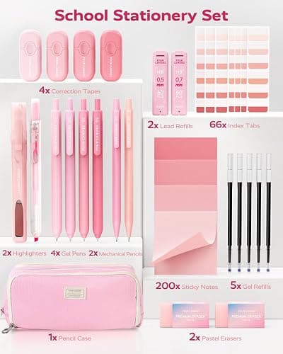 Four Candies Pink School Supplies with Case, Gel Pens with Black Ink, Correction Tapes, Pastel Highlighters, Mechanical Pencils, Sticky Notes, Index Post for Bible Study Stationary College Essentials thumbnail 8