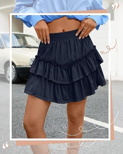 Ficerd Women's Ruffle Flowy Short Skirt Tiered Lace Cotton Mini Skorts High Waist Pleated Boho Cute Summer Shorts - Navy Blue - Small thumbnail 2