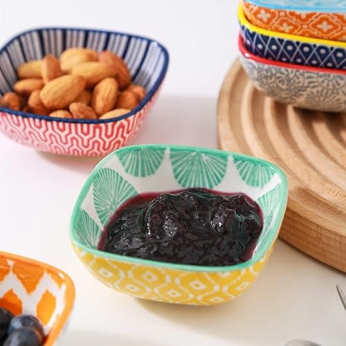 Selamica Ceramic 2.6 OZ Square Dipping Bowl Set, Soy Sauce Dish 3 inch Small Bowls for Ketchup Condiments Side Dish BBQ, Ramekins Oven safe, Stackable, Set of 6, Assorted Colors thumbnail 5