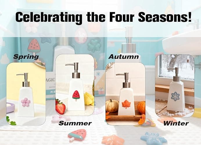 Nestriculus Seasonal Soap Dispenser with 11 Interchangeable Magnets - Seasonal Decor - Farmhouse Bathroom Kitchen Decor (Resin,Built in Magnet) - 8.82oz (Silver) thumbnail 6