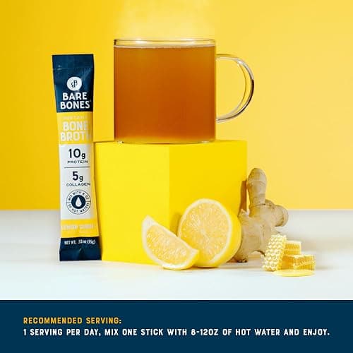 Bare Bones Bone Broth Instant Powdered Mix, Lemon Ginger, Pack of 8, 15g Sticks, 10g Protein, Keto & Paleo Friendly Bone Broth Packets thumbnail 7