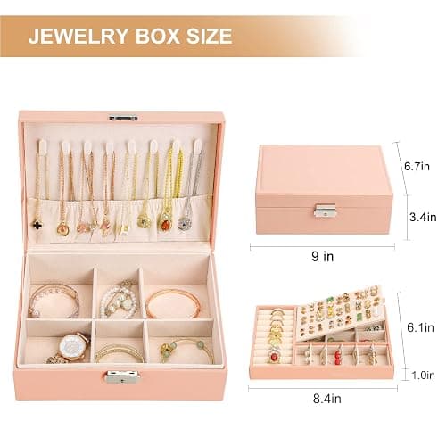 Jewelry Organizer Box, Leather Jewelry Box for Girls Gift Earring Organizer with Lock Double Layers Jewelry Case Removable Tray for Necklace Earring Ring with Polishing Cloth and Jewelry Bags thumbnail 3