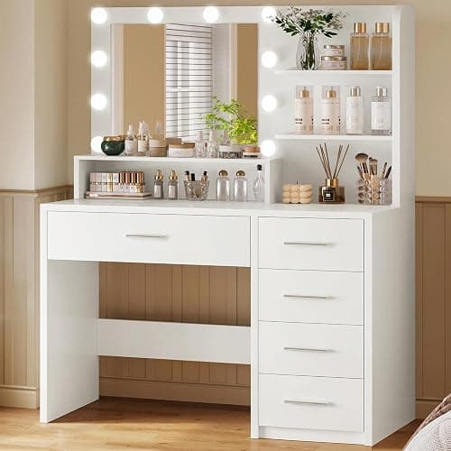 FIONESO Vanity Desk with Mirror and Lights, Makeup Vanity with 5 Drawers and 3 Storage Shelves, 3 Color Modes & Adjustable Brightness Dressing Table, Vanity for Girls, White - Image 1