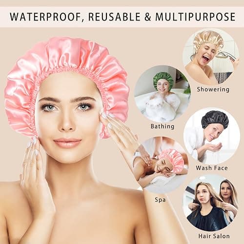 Shower Caps for Women, 4 PCS Elastic and Reusable Bath Caps, Double Layers Shower Cap Reusable Waterproof, Bathing Shower Caps, Environmental Bath Hair Protection Cap - Solid Color B thumbnail 2