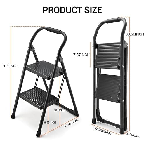 Step Stool for Adults,2 Step Ladder Folding 330lbs Anti Slip Step Stool,Foldable Ergonomic 2 Steel Stool with Wide Pedal for Home, Kitchen, Office (Matte Black) thumbnail 2