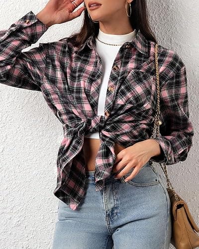 CHYRII Womens Button Down Flannel Shirts Long Sleeve Plaid Shackets Business Casual Blouse Top thumbnail 2