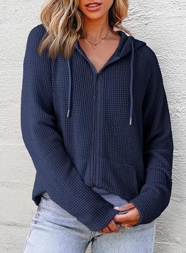 Dokotoo Women's Full Zip Up Hoodies Waffle Knit Long Sleeve Drawstring Casual Sweatshirt Hooded Tops thumbnail 4
